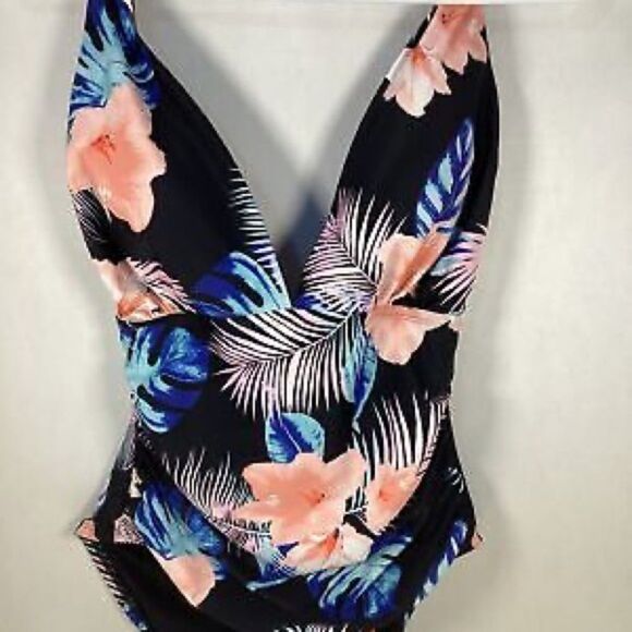 DKNY Halter Tie Floral One Piece Swimsuit XL Black Pink Tropical Print NWOT - Picture 9 of 11